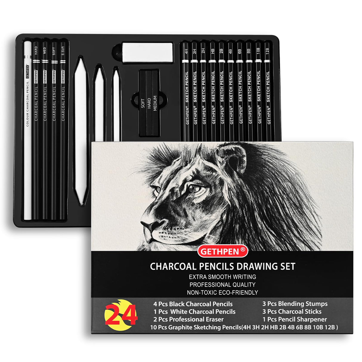 Drawing Sketching Pencil Set, 24 Piece Pro Artist Sketch Kit - Graphite Pencils (12B-4H),Charcoal Pencils for Drawing,Black and White Charcoal Pencils,Charcoal Sticks,Stumps,Eraser,Sharpeners GETHPEN