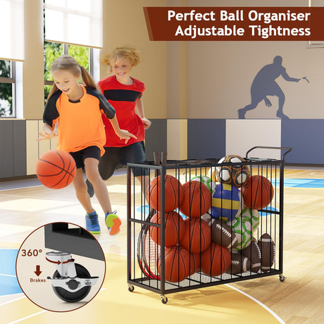 Homsorout Ball Storage Bin Rolling Sports Ball Cart, Metal Garage Organizer Sport Rack, Ball Basket Storage, Ball Cage for Garage or Gym, Indoor & Outdoor Sports Equipment Organizer（Black） Homsorout