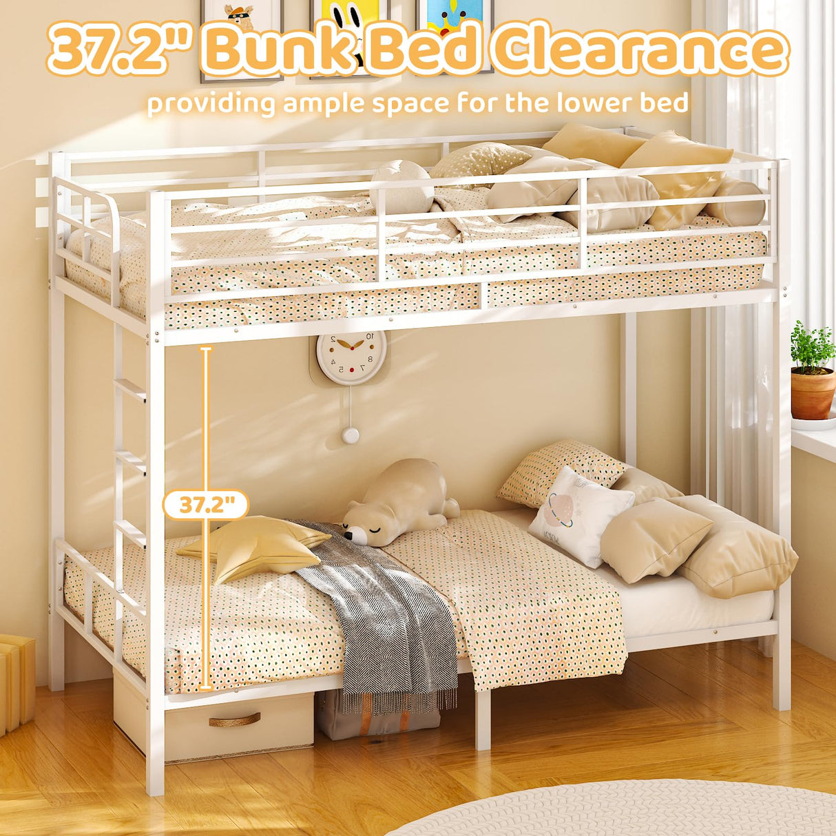 VINGLI Bunk Bed Twin Over Twin with 15 Inches Extra High Guardrail 2 Deckers Bunk Bed with Stairs & Flat Rungs, Heavy Duty Metal Slats, No Box Spring Needed, White VINGLI