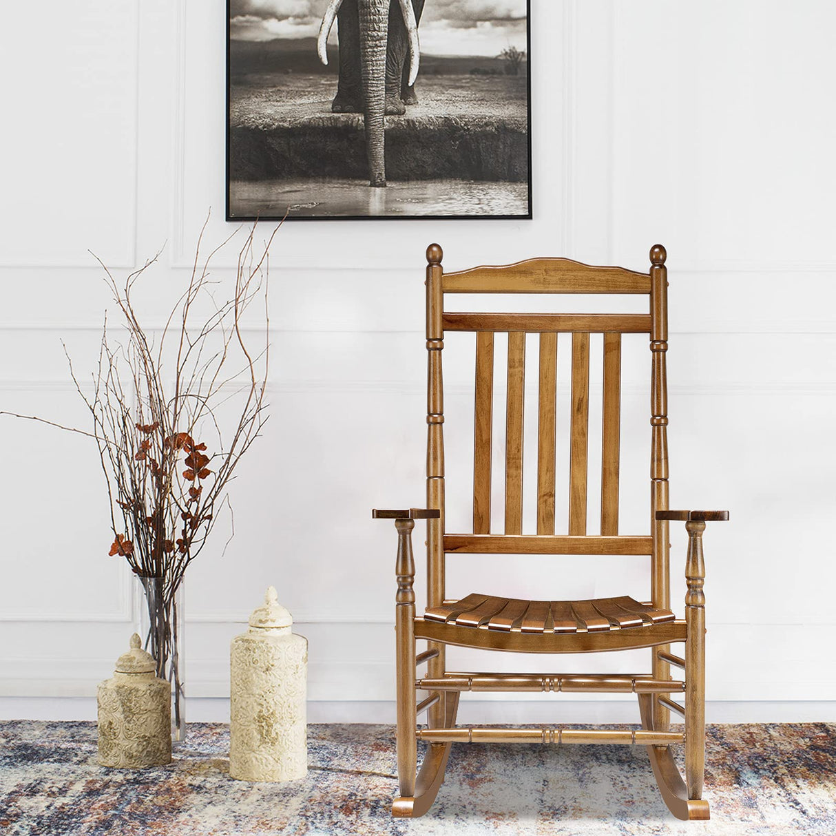 VINGLI Wood Rocking Chair Outdoor with 450 lbs Support Relaxing Rocker Solid Wood High Back Seat Reclining Seat for Deck, Garden, Backyard, Porch, Indoor or Outdoor Use, Oak VINGLI