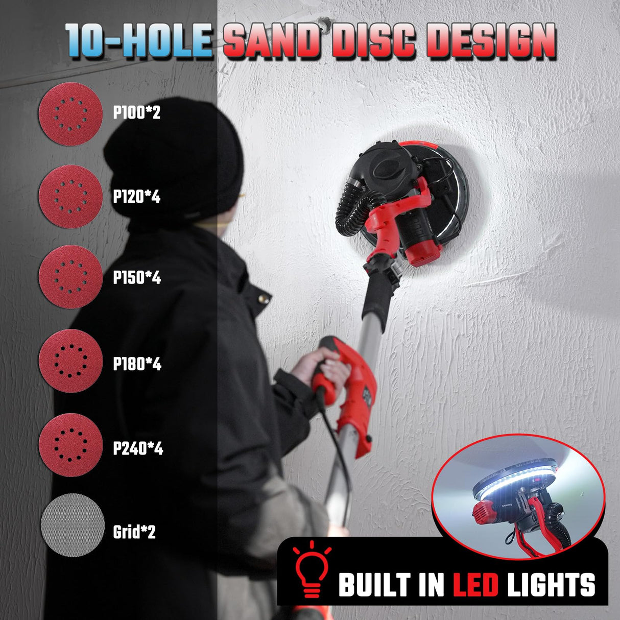 Drywall Sander, Electric Drywall Sander with Vacuum Dust Collection 7.33-Amp 880W, Floor Sanders 5 Variable Speed 1000-2100RPM with LED Light, 18Pcs Sanding Discs & 2Pcs Grid Sandpaper, Dust Mask—Red Revvstark