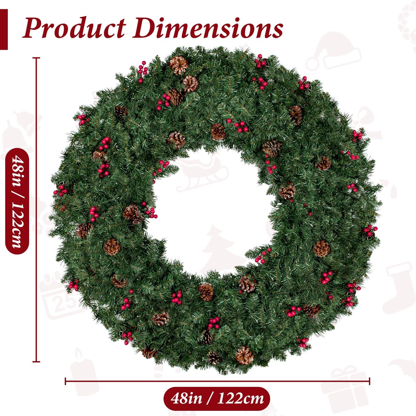 TOWPONICS 48in Large Artificial Pre-Lit Christmas Wreath, 240 LED Warm White Lights & 630 PVC Tips, Xmas Wreath Holiday Accent Decor with Pine Cones & Berries for Front Door, Garden, Plug-in, Green