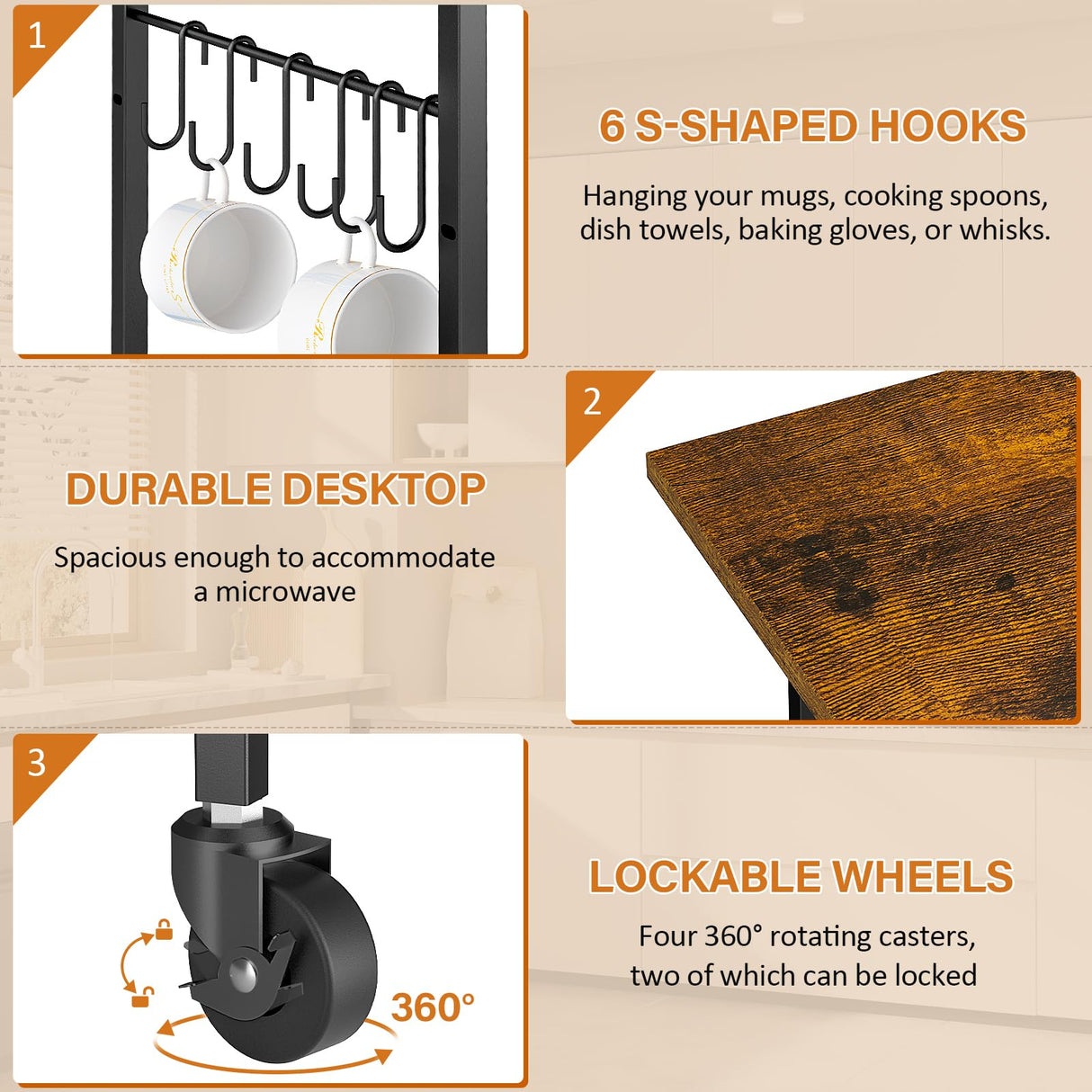 ThreeHio Rolling Kitchen Microwave Cart, 3 Tier Microwave Table Stand with Adjustable Shelf, Kitchen Storage Rack on Wheels, Coffee Station Cart Rack Shelf Organizer for Living Room Office, Balcony ThreeHio