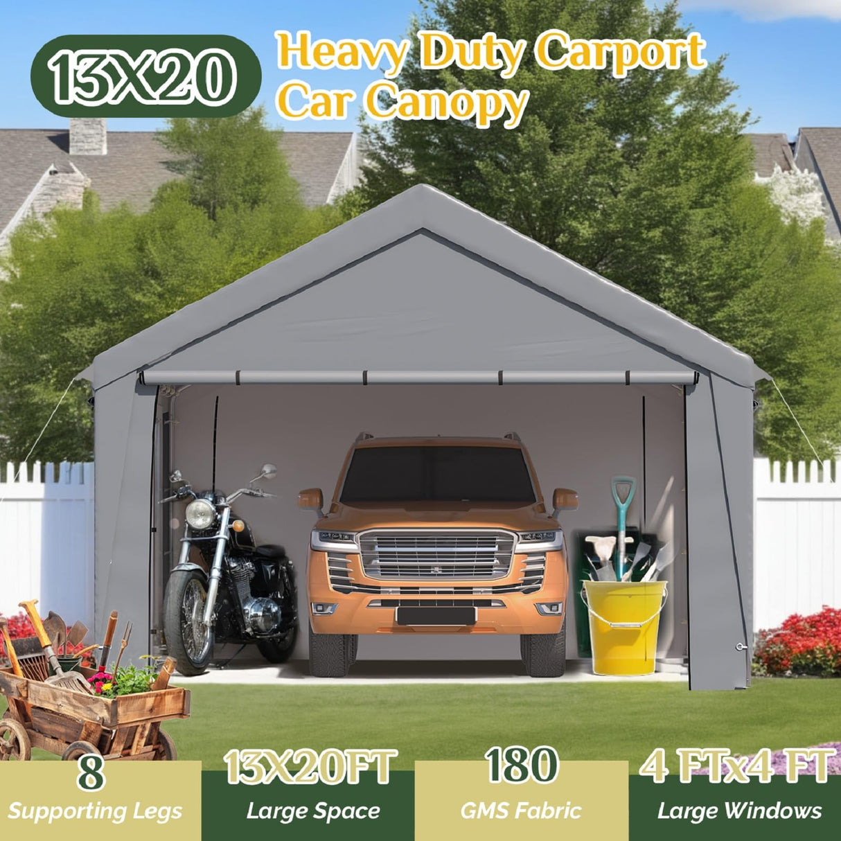 EROMMY 13' x 20' Carport，Portable Garage with UV Protection & Steel Frame, Heavy Duty Car Port with Removable Sidewalls, All-Season Car Canopy for Tractor, Truck, Boat, Outer Gray and Inner White EROMMY