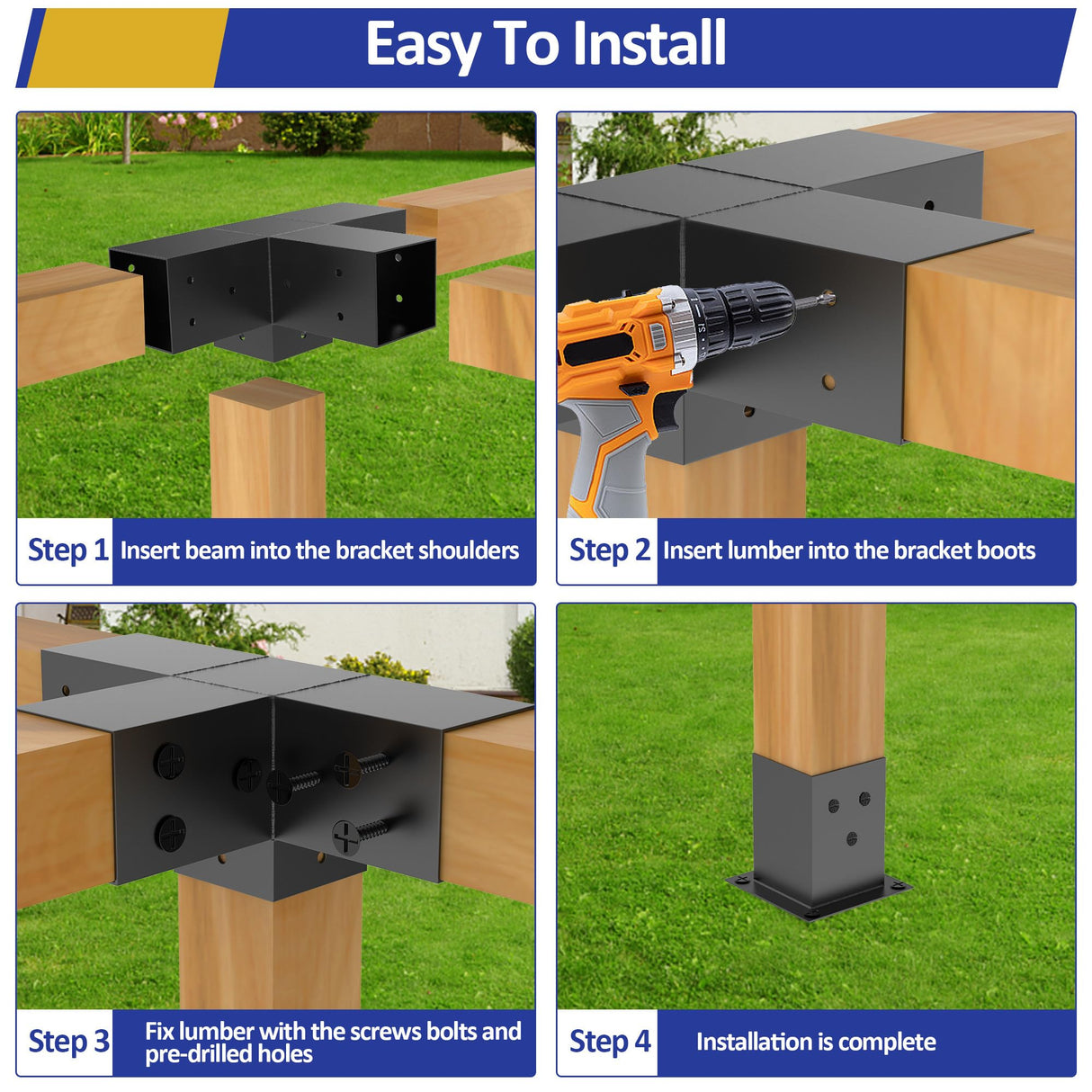 Heavy Alloy Steel Pergola Bracket Kit with 4-Way Pergola Kit for 6"x 6" (Actual 5.5" X 5.5") Lumber，Wood Pergola Brackets Suitable for Pergolas，Gardens，Patio and Metal Gazebo Kits with Screws JEXALINE