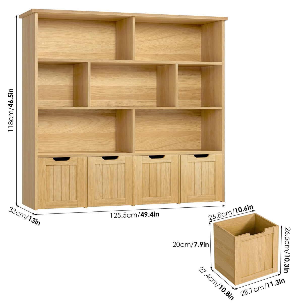 FINETONES Toy Storage Organizer, Large Toy Organizers and Storage with 4 Movable Drawers and 7 Storage Cubbies, Toy Chest Shelf Kids Bookshelf with Hidden Wheels, Natural FINETONES