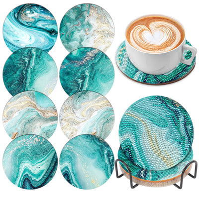 8 Pcs Ocean Diamond Art Painting Coasters with Holder, DIY Ocean Diamond Crafts Coasters for Adults, Diamond Art Painting Kits for Women, Beginners, Diamond Craft Supplies