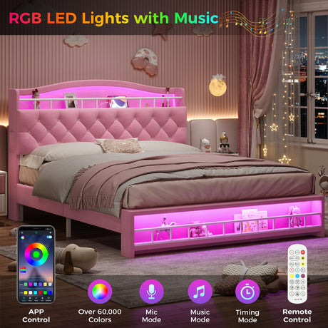 BTHFST Full Szie Girls Bed with LED Lights & Charging Station, Princess Full Size Bed Frame with Hidden Storage Headborad, Sturdy Platform Bed, No Box Spring Needed/Noise-Free/Easy Assembly, Pink BTHFST
