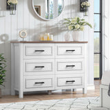YITAHOME 6-Drawer Dresser with Built-in Power Outlet, Wood Dresser TV Stand with 6 Large Drawers & Bar Handles, Dresser Chest of Drawers for Entryway Living Room Hallway, White & Walnut YITAHOME