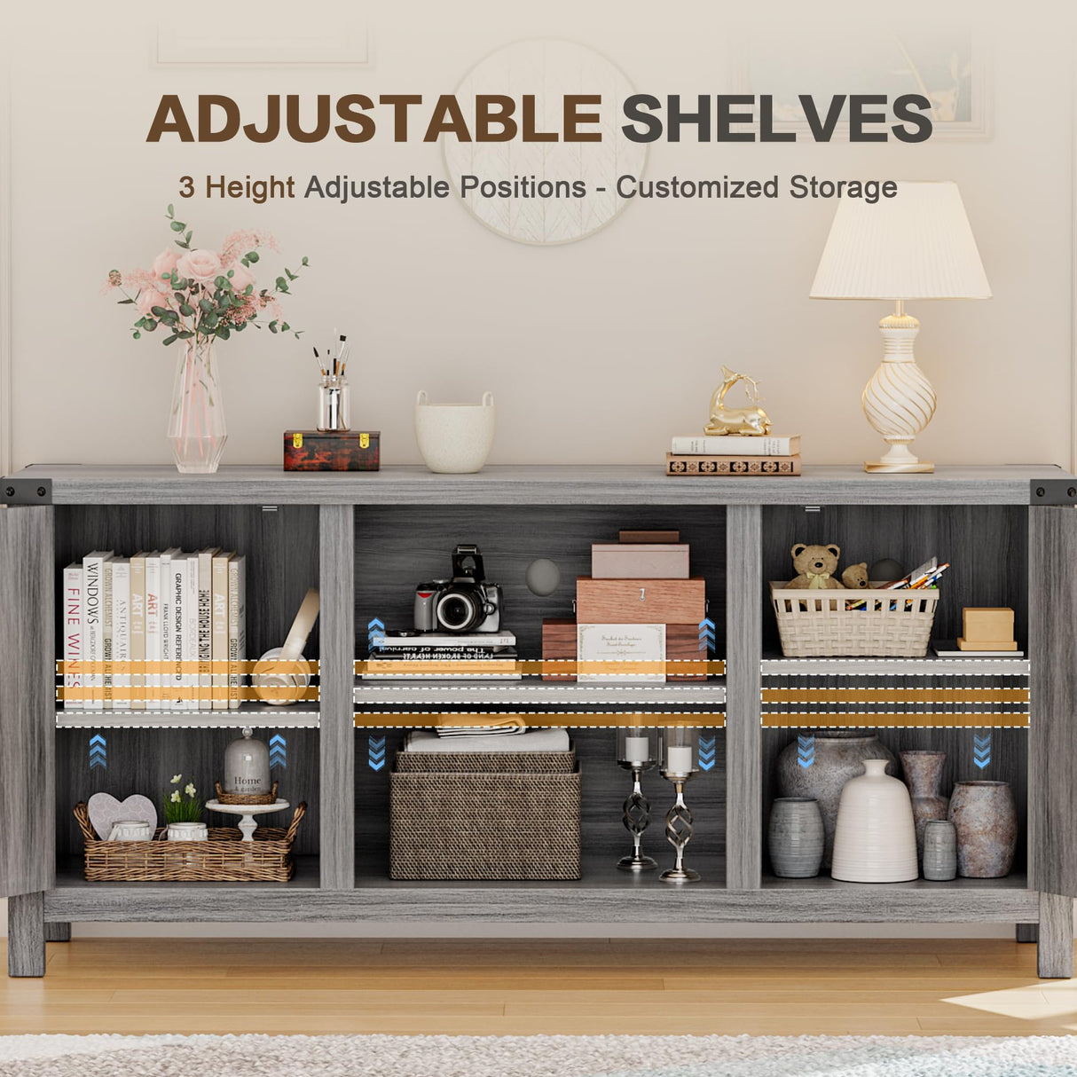 YESHOMY Farmhouse Buffet & Sideboard, 58" Kitchen Storage Cabinet with Adjustable Shelves & Doors, Wood Coffee Bar for Living Room, Entryway, Gray Washed YESHOMY