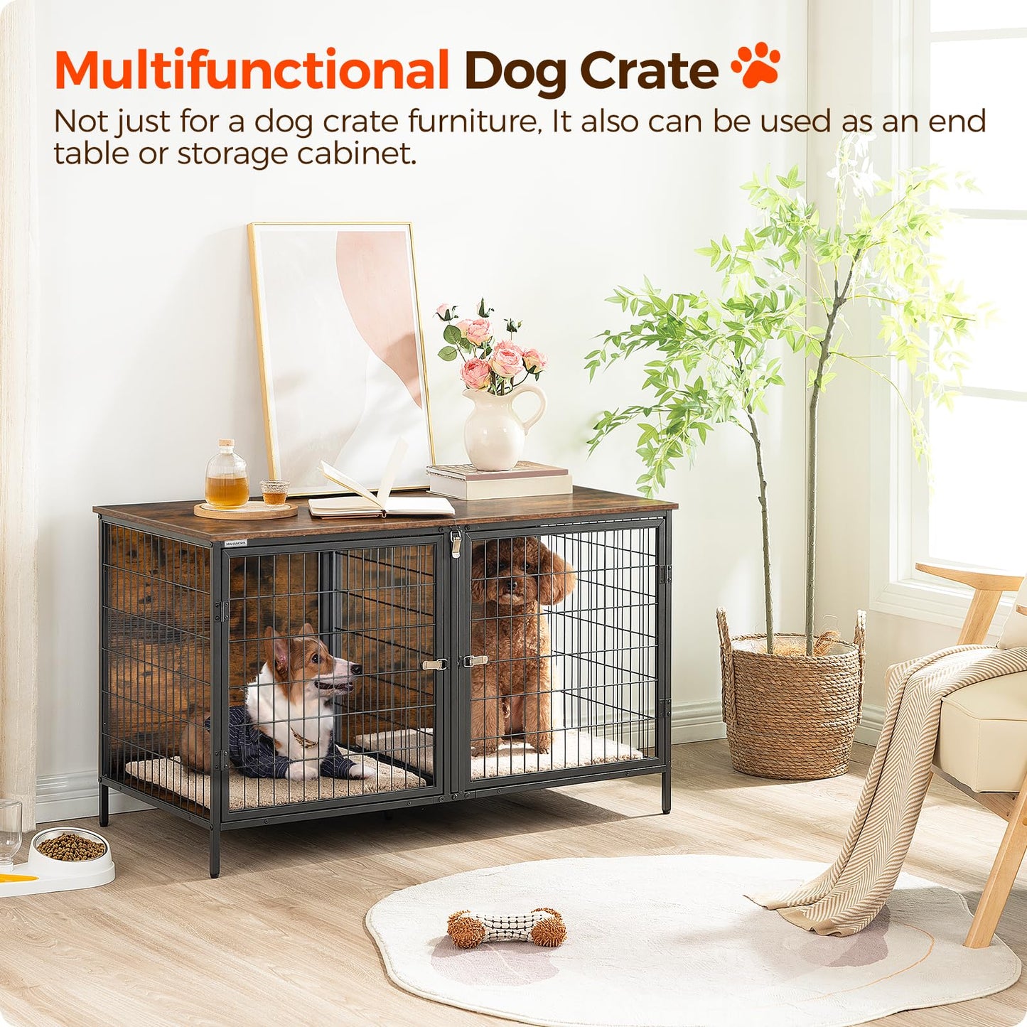 MAHANCRIS Dog Crate Furniture for 2 Dogs, 43.3" Dog Kennel with Removable Divider, Heavy Sturdy Dog Furniture Style Double Cage for Small Medium Dog, Indoor Dog House End Table, Rustic Brown DCHR1201