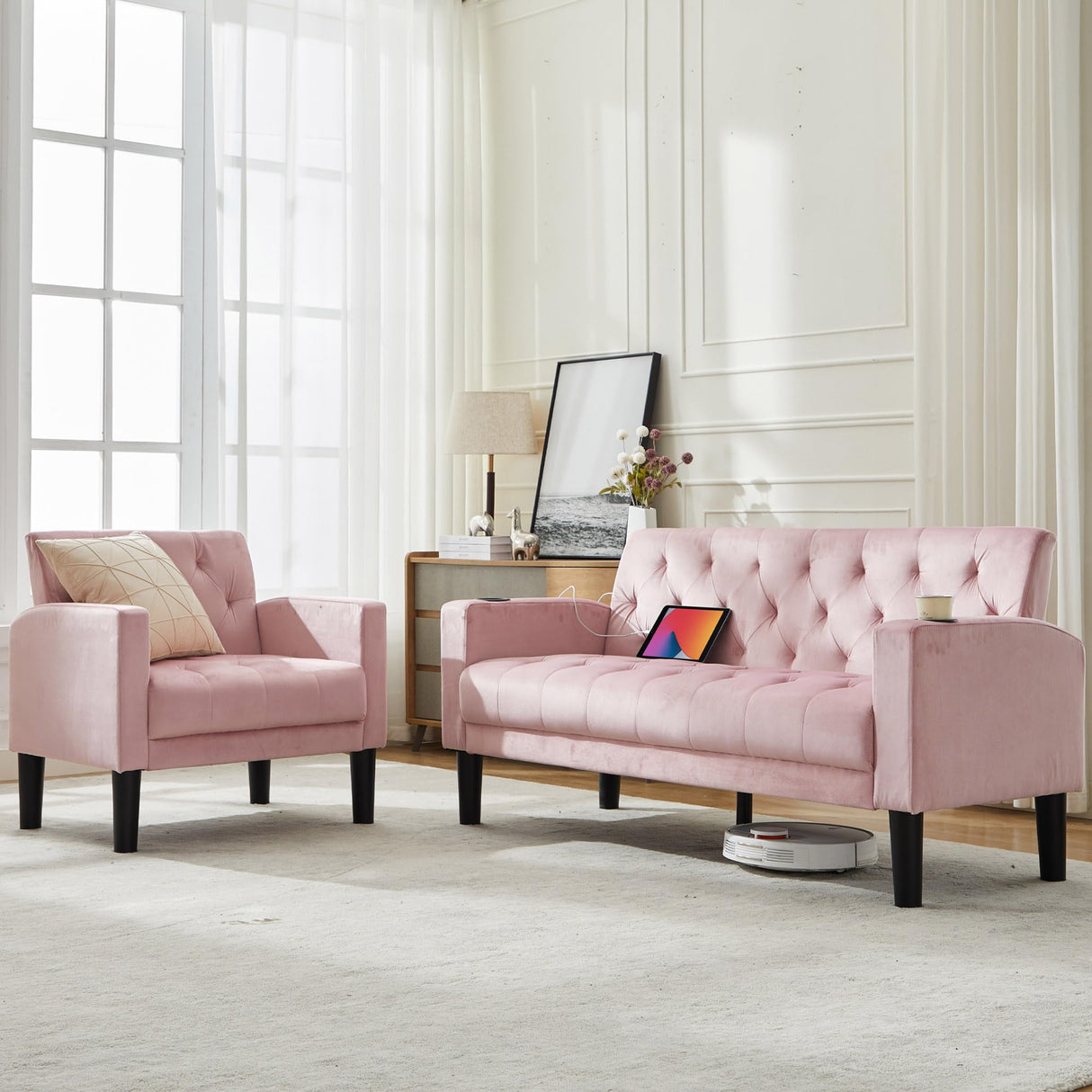 TYBOATLE Mid-Century Modern Sectional Sofa Sets 2 Pieces, Tufted Linen Fabric USB Loveseat Couch w/ 2 Cupholders and Accent Arm Chairs for Living Room, Bedroom, Apartment (Pink) TYBOATLE