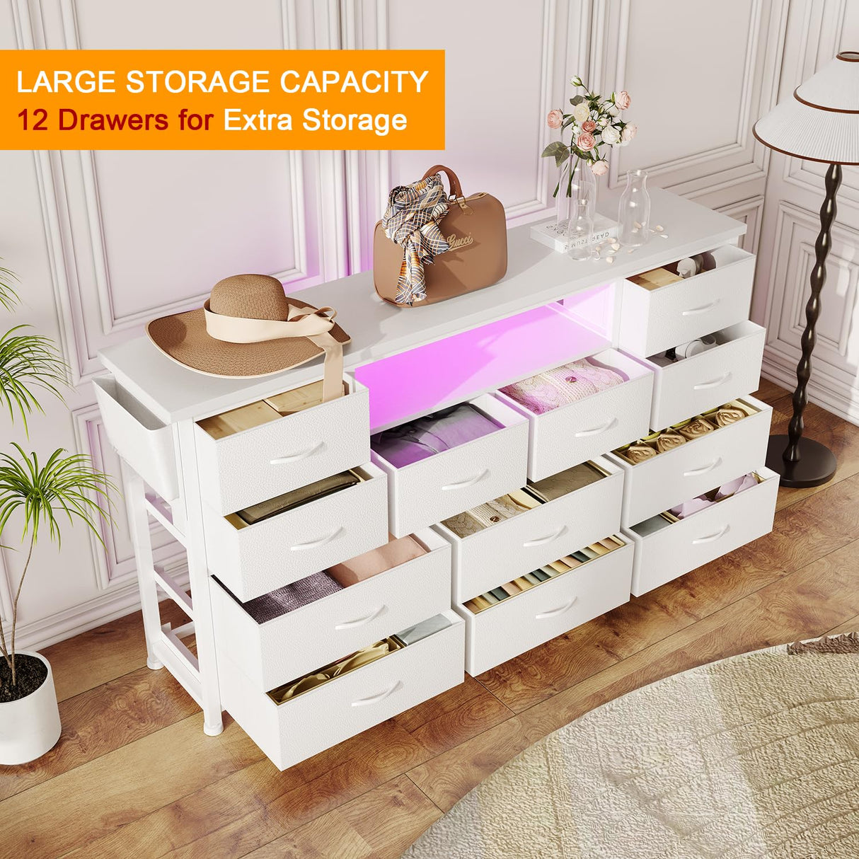 LIVEHOM Dresser TV Stand with Power Outlet & LED for 45'' TV, Long Dresser for Bedroom with 12 Drawers, Wide Console Table for Storage in Closet, Living Room, Entryway, Wood Top LIVEHOM