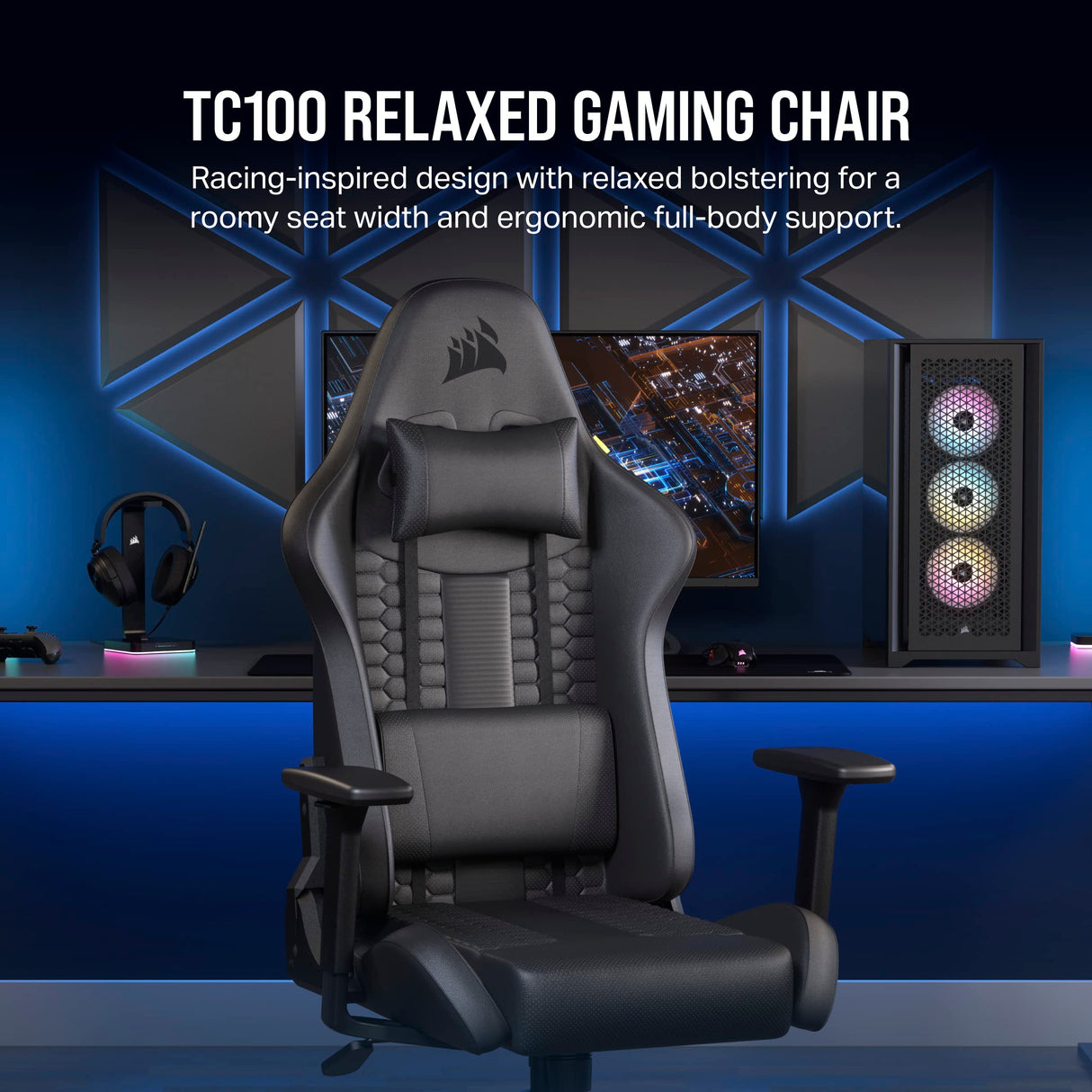 Corsair TC100 Relaxed Gaming Chair - Leatherette - Racing-Inspired Design - Lumbar Pillow - Detachable Memory Foam Neck Pillow - Adjustable Seat Height - Adjustable Armrests - Black Corsair