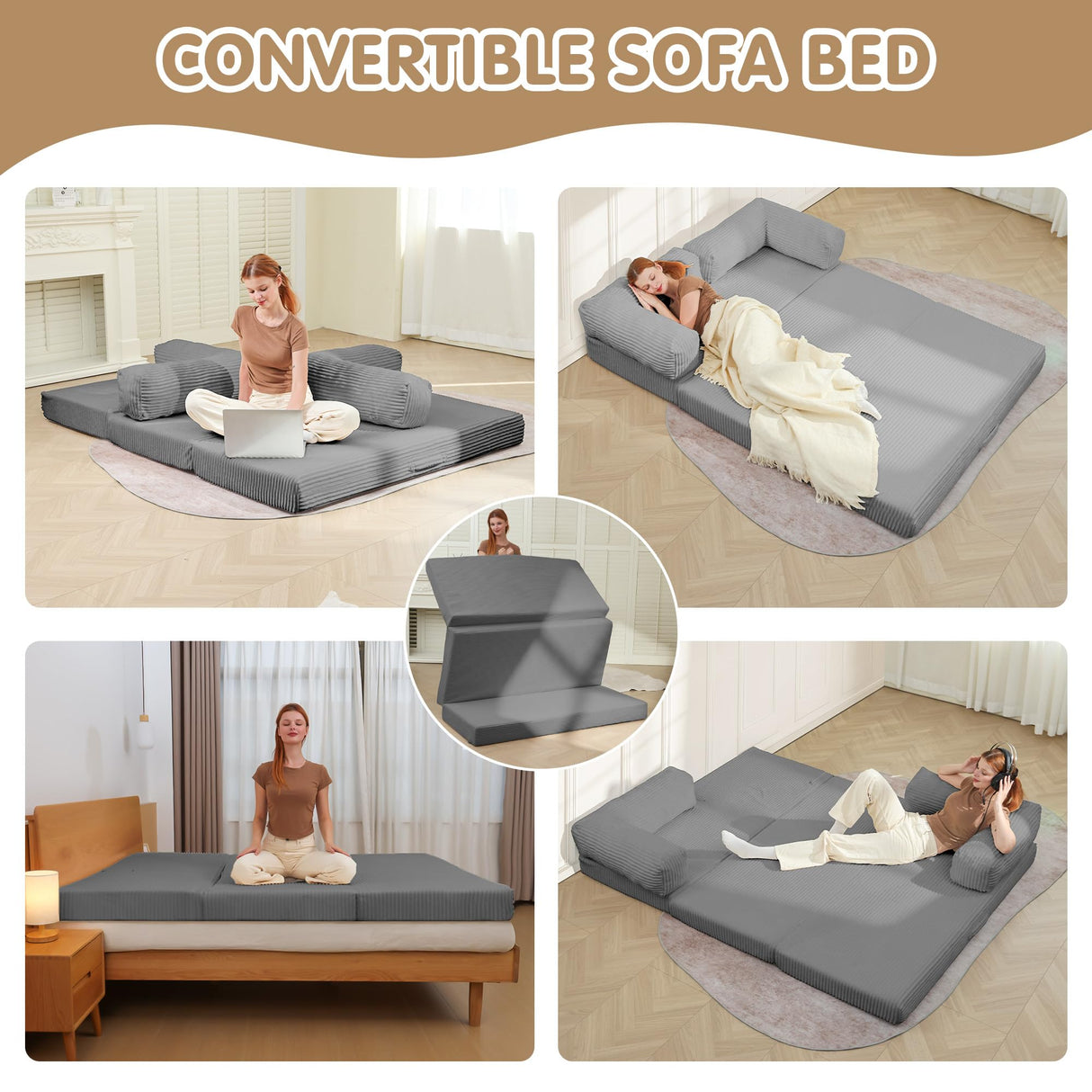 5-in-1 Convertible Sofa Bed Queen,Tri-Fold Mattress with Removable L-Shaped Armrests,Corduroy Boneless Couch Floor Sofa Futon Couch Sleeper with Pull Out Bed for Living Room Bedroom Apartment feliz home