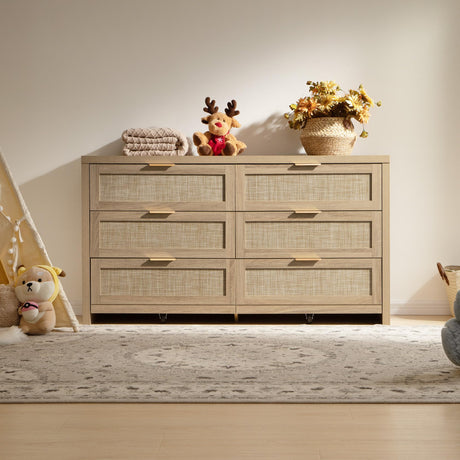 SICOTAS Rattan Dresser for Bedroom, 57" Wide 6 Drawer Dresser with Ample Storage, Dressers Large Chest of Drawers, Closet, Boho TV Stand for Bedroom (Reclaimed Light Oak, 1 Piece) SICOTAS