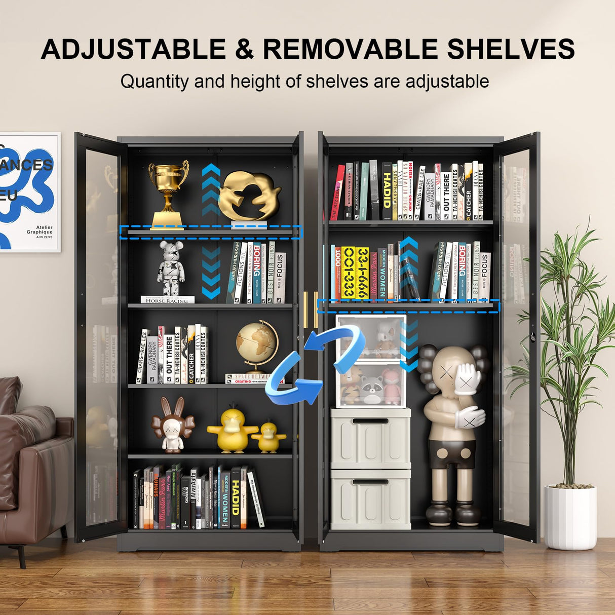 Polup Display Cabinet with Glass Doors, Black Curio Cabinet with Lock, 71“ Tall Display Case for Living Room, Bookcase for Home, Clinic, School (Black)- Assemble Required Polup