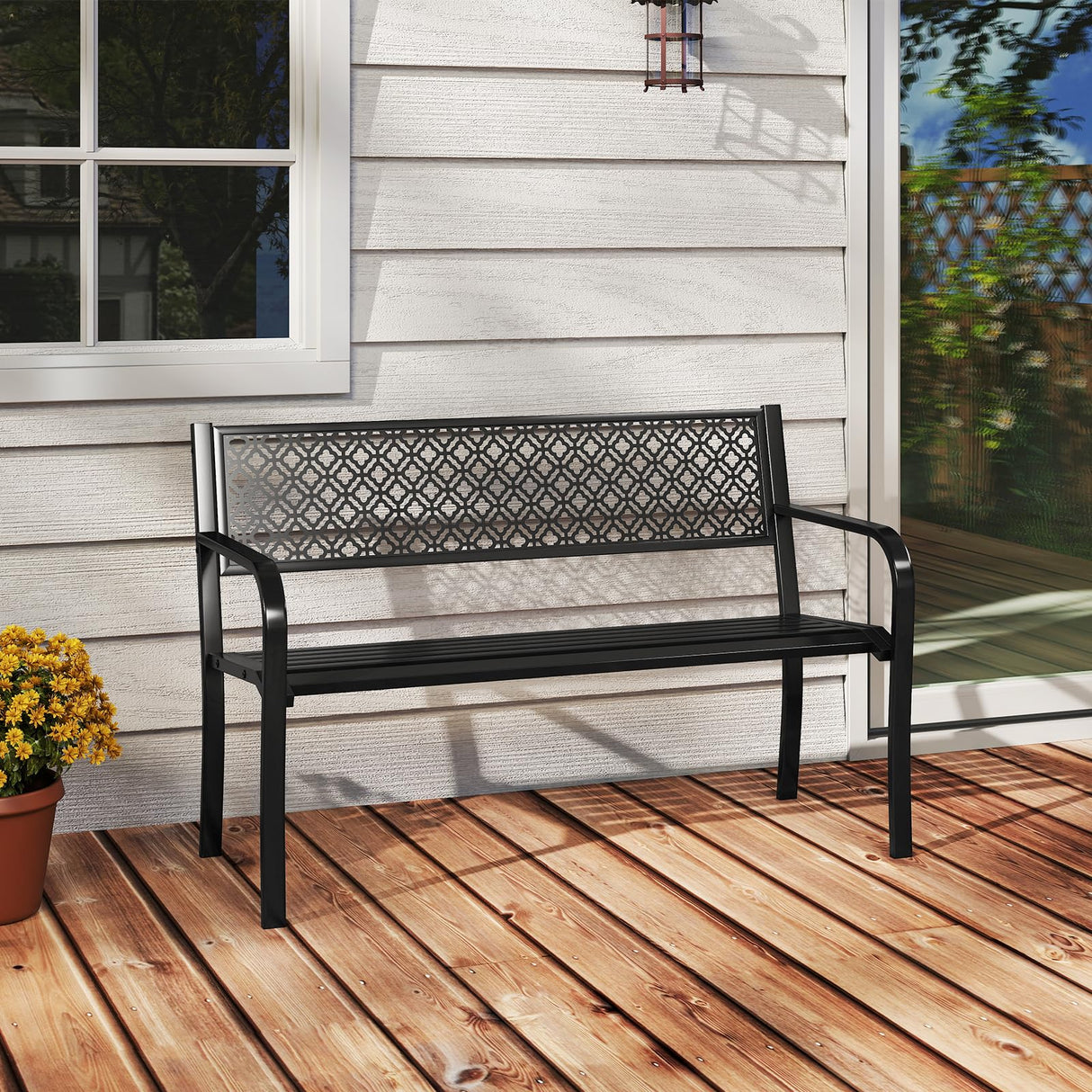 Tangkula 50 Inches Outdoor Garden Bench, Metal Patio Park Bench with Geometric Lattice Backrest, Armrests and Slatted Seat, Outdoor Loveseat Chair for Porch, Lawn and Yard (Black) Tangkula