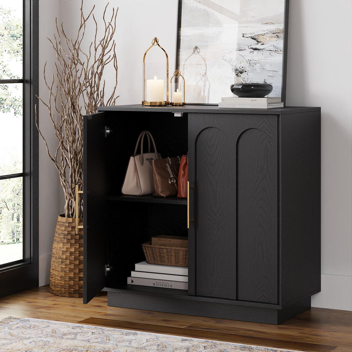 FORTUNETEC Sideboard Buffet Cabinet with Storage, Modern Accent Cabinet with Arched Doors & Shelf, 31.5" Modular Media Console, Minimalist Credenza for Living Room Kitchen Dining Room Entryway, Black FORTUNETEC