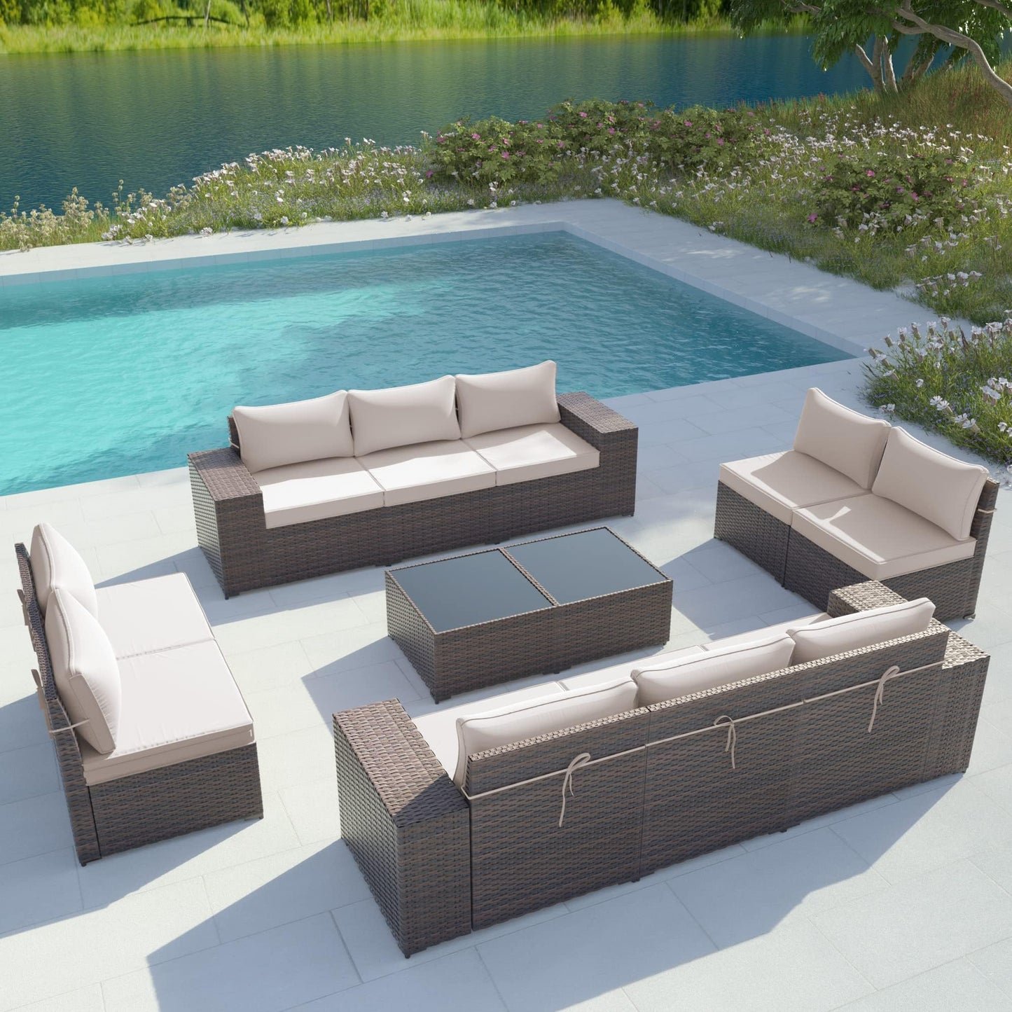 Gotland 12 Pieces Patio Furniture Set Outdoor Sectional Wicker Furniture All-Weather PE Rattan Patio Conversation Sets w/10 Replaceable Khaki Waterproof Cushions and 2 Coffee Table - WoodArtSupply