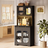 71" Black Kitchen Pantry Storage Cabinet with Lights and Charging Station, Tall Hutch Cabinet with Storage and Microwave Shelf for Dining Room spanspace