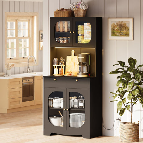 71" Black Kitchen Pantry Storage Cabinet with Lights and Charging Station, Tall Hutch Cabinet with Storage and Microwave Shelf for Dining Room spanspace