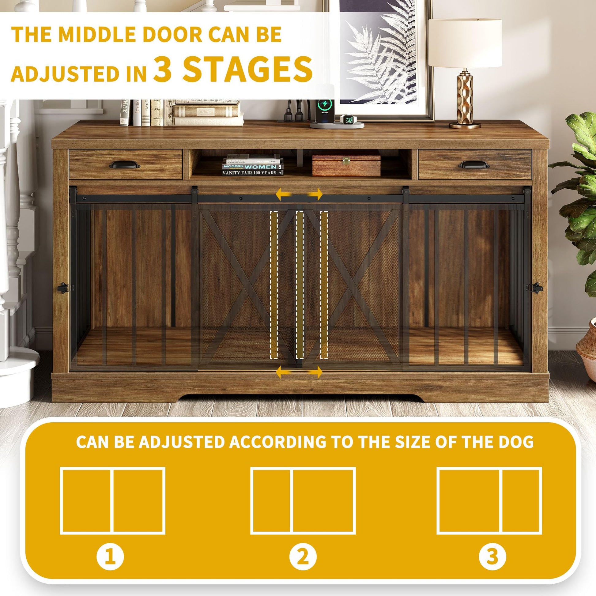 YITAHOME 63 Inch Double Dog Crate TV Stand with Charging Station, Heavy Duty Wooden Dog Crate Furniture for 2 Dogs, Dog Kennel Indoor Furniture Double Sliding Barn Door Design Ideal for 2 Dog - WoodArtSupply