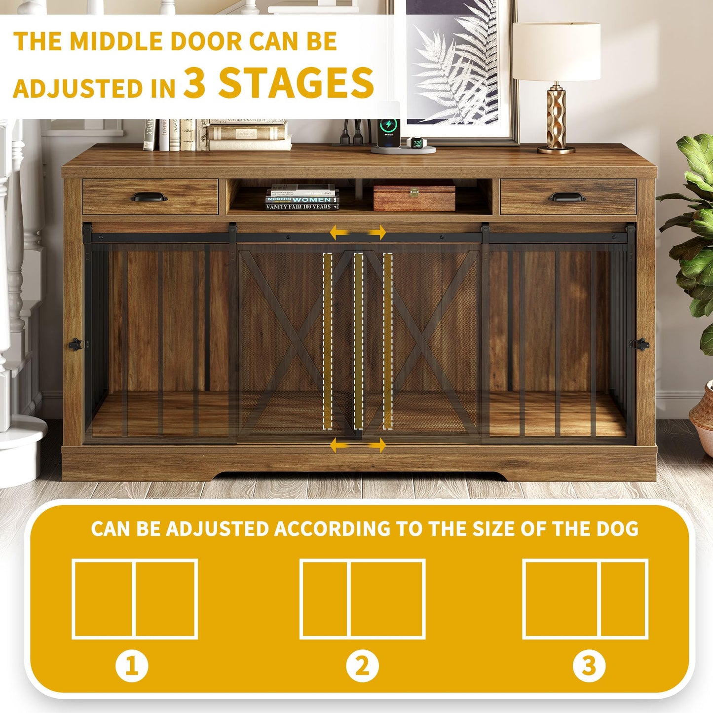 DWVO 63 Inch Double Dog Crate Furniture for 2 Dogs, Heavy Duty Wooden Dog Crate TV Stand with Charging Station, Dog Kennel Indoor Furniture Double Sliding Barn Door Design Ideal for 2 Dogs, Oak