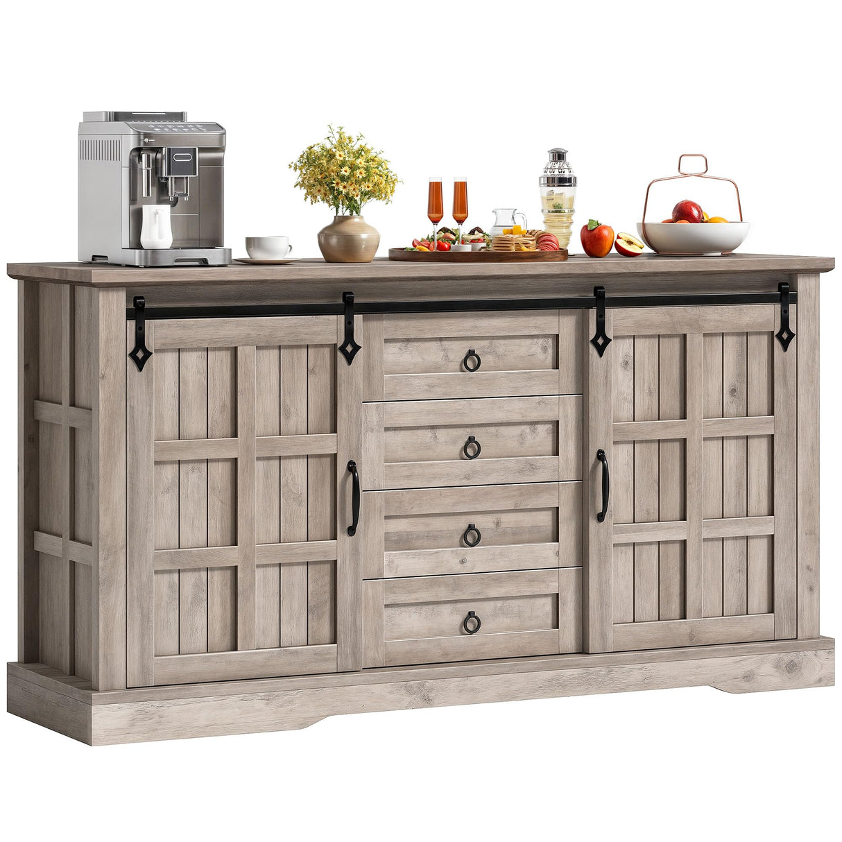 DWVO Farmhouse Sideboard Buffet Cabinet with Storage, Large Kitchen Cabinet w/Sliding Barn Doors and 4 Drawers, for Dining Room, Wash Grey DWVO