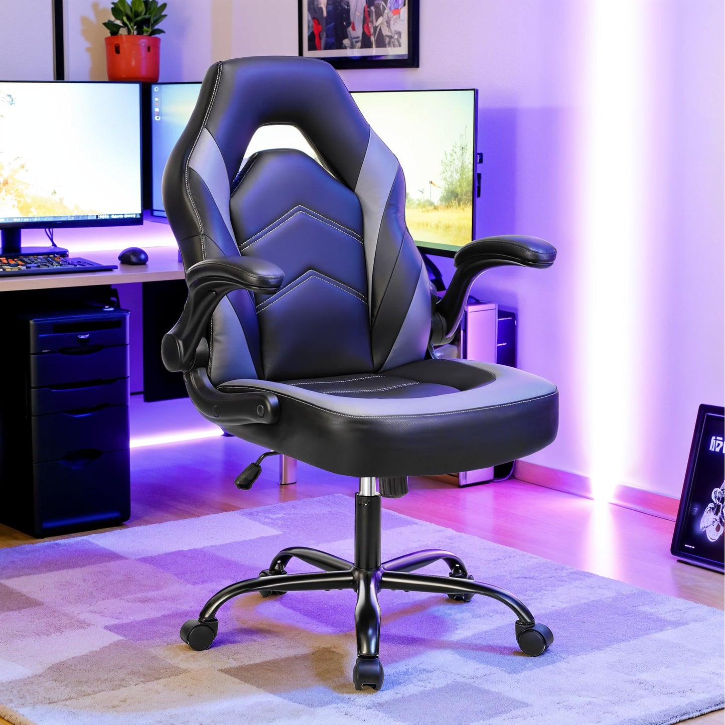 Ergonomic Gaming Desk Chair - Adjustable PU Leather Swivel Racing Chair with Flip-up Armrests for Home Office and Entertainment, Perfect for Adults, Kids, and Gamers