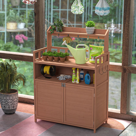 GFDGFD Outdoor Potting Bench with Storage Cabinet & Top Shelf - Solid Fir Wood Garden Planting Workstation, Waterproof Workbench for Gardening, Patio, and BBQ GFDGFD