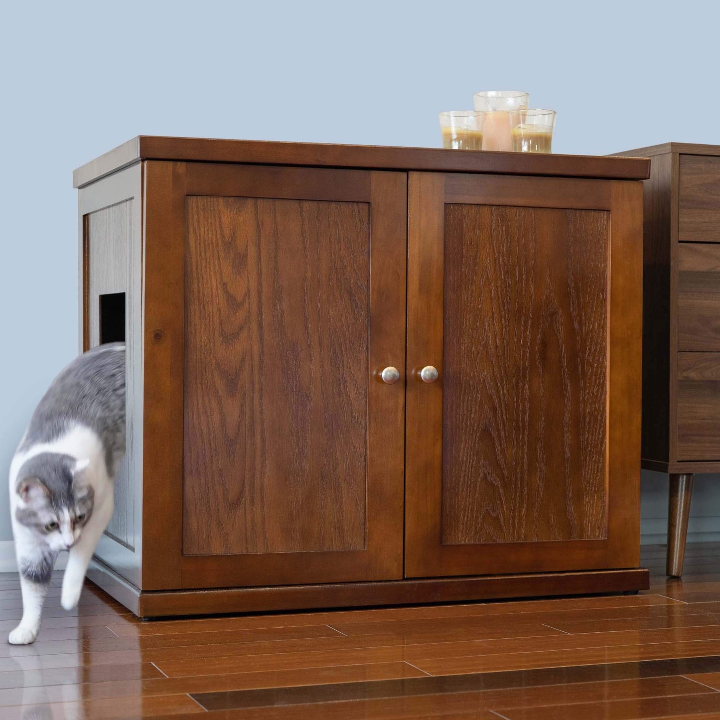 THE REFINED FELINE Cat Litter Box Enclosure Cabinet, Modern, Mahogany Brown, Adjustable Levelers, XLarge, Hidden Litter Cat Furniture with Drawer - WoodArtSupply