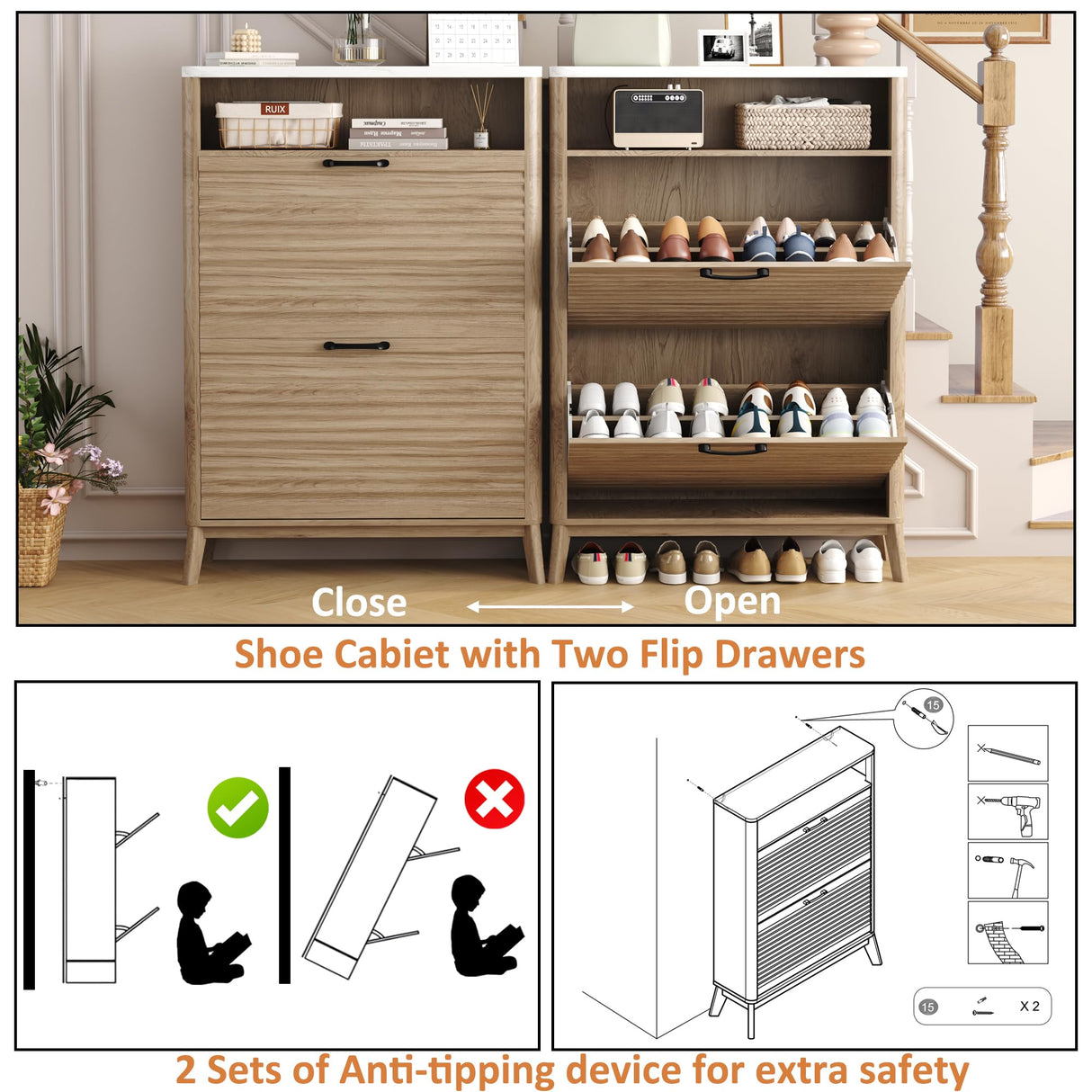 HOMEFORT Shoe Storage Cabinet for Entryway, 31.5" Fluted Shoe Cabinet with 2 Flip Drawers, Mid-Century Modern Hidden Shoe Rack Organizer, Slim Shoe Cabinet for Front Door Entrance, Natural Oak HOMEFORT