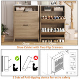HOMEFORT Shoe Storage Cabinet for Entryway, 31.5" Fluted Shoe Cabinet with 2 Flip Drawers, Mid-Century Modern Hidden Shoe Rack Organizer, Slim Shoe Cabinet for Front Door Entrance, Natural Oak HOMEFORT
