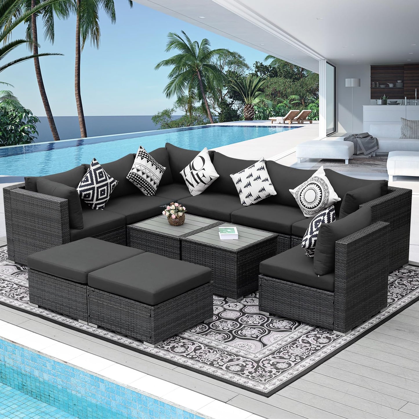 NICESOUL® 11 Piece Large Size PE Rattan Outdoor Patio Furniture Sectional Sofa Sets with Side Tables Outdoor Wicker Conversation Sets Modern Luxury 29.3'' High Back Dark Gray - WoodArtSupply