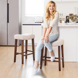 PrimeZone Counter Height Bar Stools Set of 2 - Backless Saddle Barstools with 4.3" Thick Upholstered, Nailhead Trim Linen Fabric & Solid Wood Legs, 26 Inch Counter Stools for Kitchen Island, Beige PrimeZone