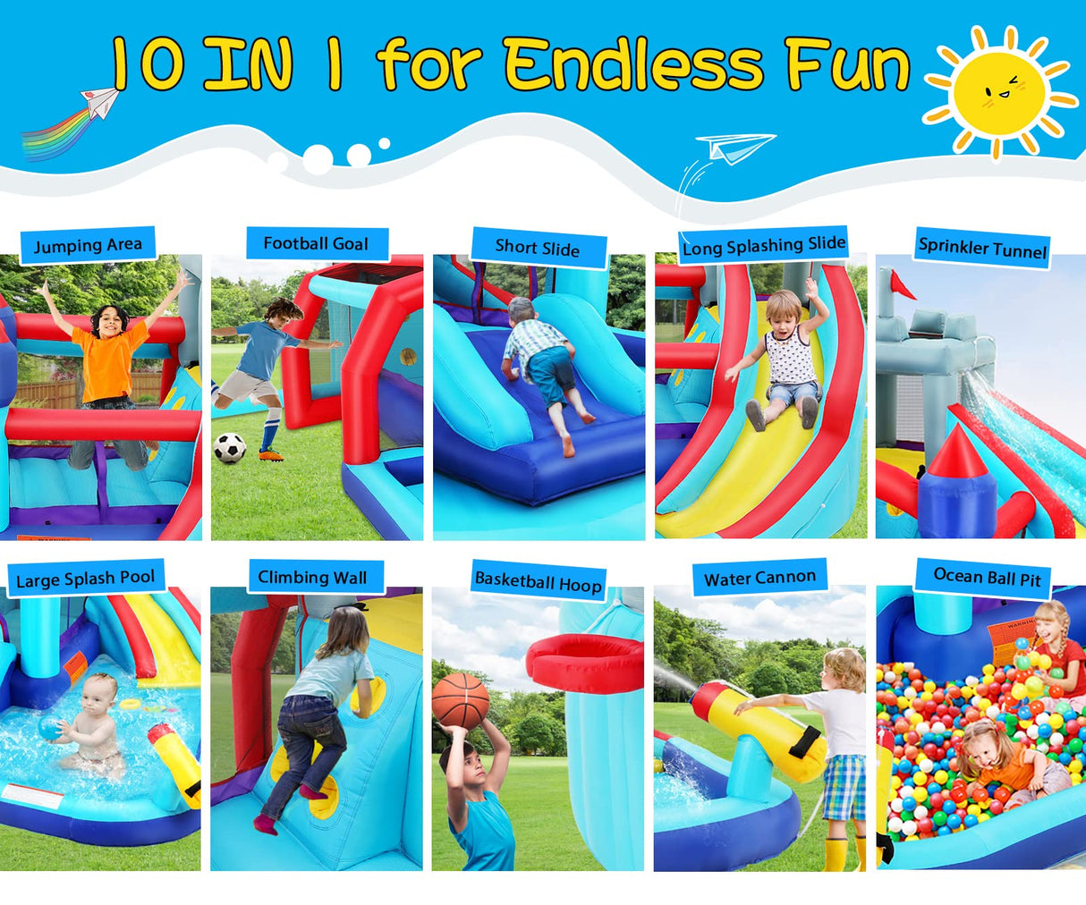 Wesoky Bounce House Water Slide for Kids, 10 in 1 Big Waterslide Inflatable Water Park with Splash Pool Long Slide Sprinkler Blower, Blow up Water Slides Bounce House for Kids Backyard Bouncy Castle Wesoky