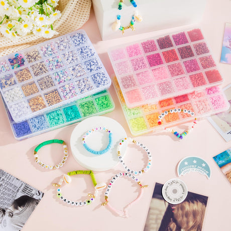 Goldwise Friendship Bracelet Kit 4 Boxes-13056 Pcs 72 Colors Bracelet Making Kits with Clay Beads, 7200 Pcs Glass Seed Beads and 3 Styles Letter Beads with Charms for Bracelet Making Gift Goldwise