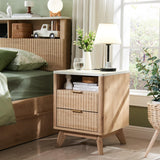 T4TREAM Fluted Nightstand Set of 2 with Charging Station, 18" Modern Side Table with Faux Marble Top, 2 Drawer End Table w/Storage, Bedside Table for Bedroom, Living Room, Curved Profile, Natural Oak T4TREAM