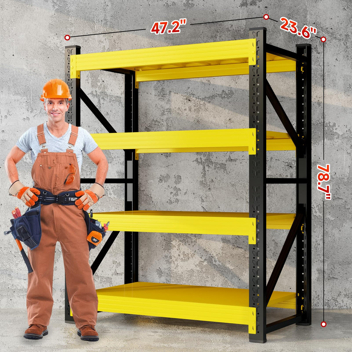 Kobito 4000LBS Garage Storage Shelves, 47" W Garage Shelving Heavy Duty Adjustable Shelving Unit, 4 Tier Metal Utitly Shelves Industrial Shelving for Warehouses,Basement,Black Yellow Kobito