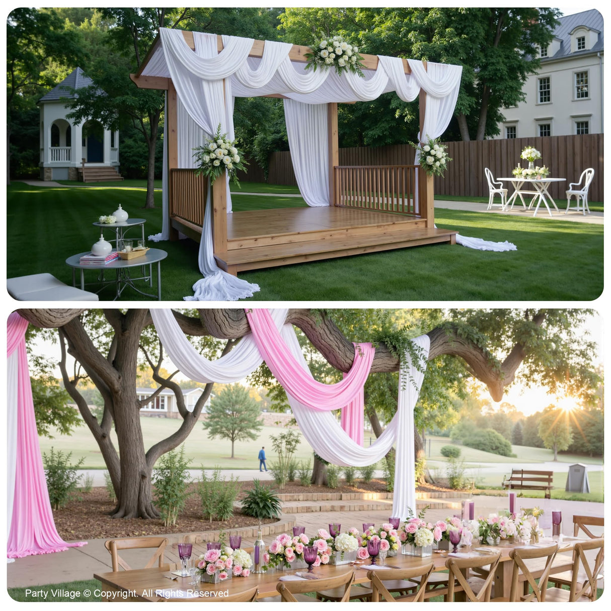 PartyVillage 10ftx40ft White Ceiling Curtain for Wedding Parties – 2 Panels Wrinkle-Free 40 FT Long Tent Draping Curtains for Wedding, Birthday & Theme Parties, 40ft Height with Rod Pocket Party Village