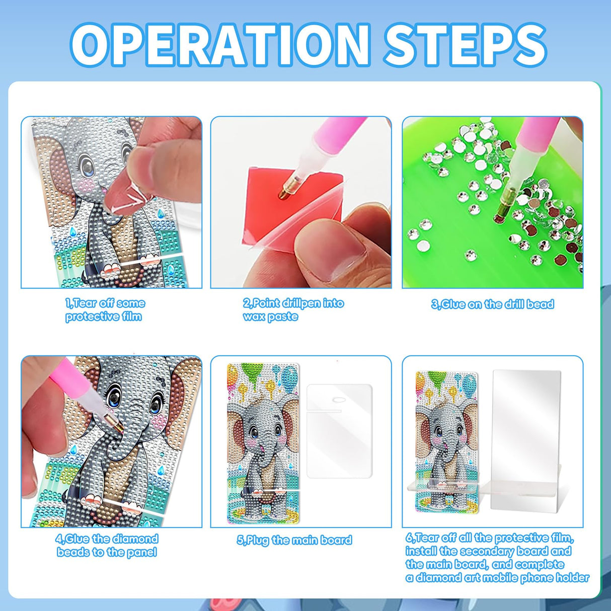 NUFTVI 2 Pack Diamond Painting Cell Phone Stand, DIY Full Crystal Diamond Art Phone Holder and Mirror, Craft Art Kits Gift for Beginner Adult (Little Elephant) NUFTVI