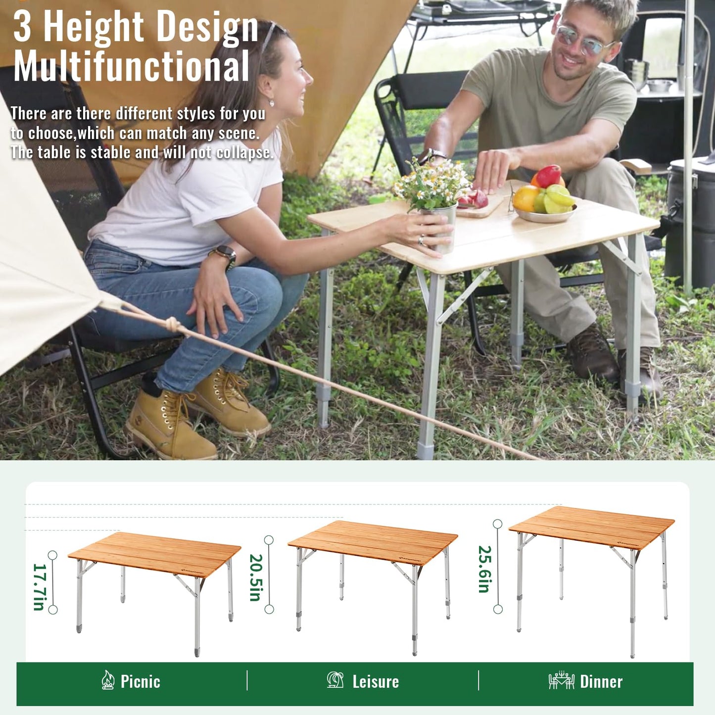 KingCamp Bamboo Folding Camping Table 4 Folds Lightweight with Adjustable Height Aluminum Legs Portable Camp Tables in Carry Bag for Indoor Outdoor Picnic Beach - WoodArtSupply