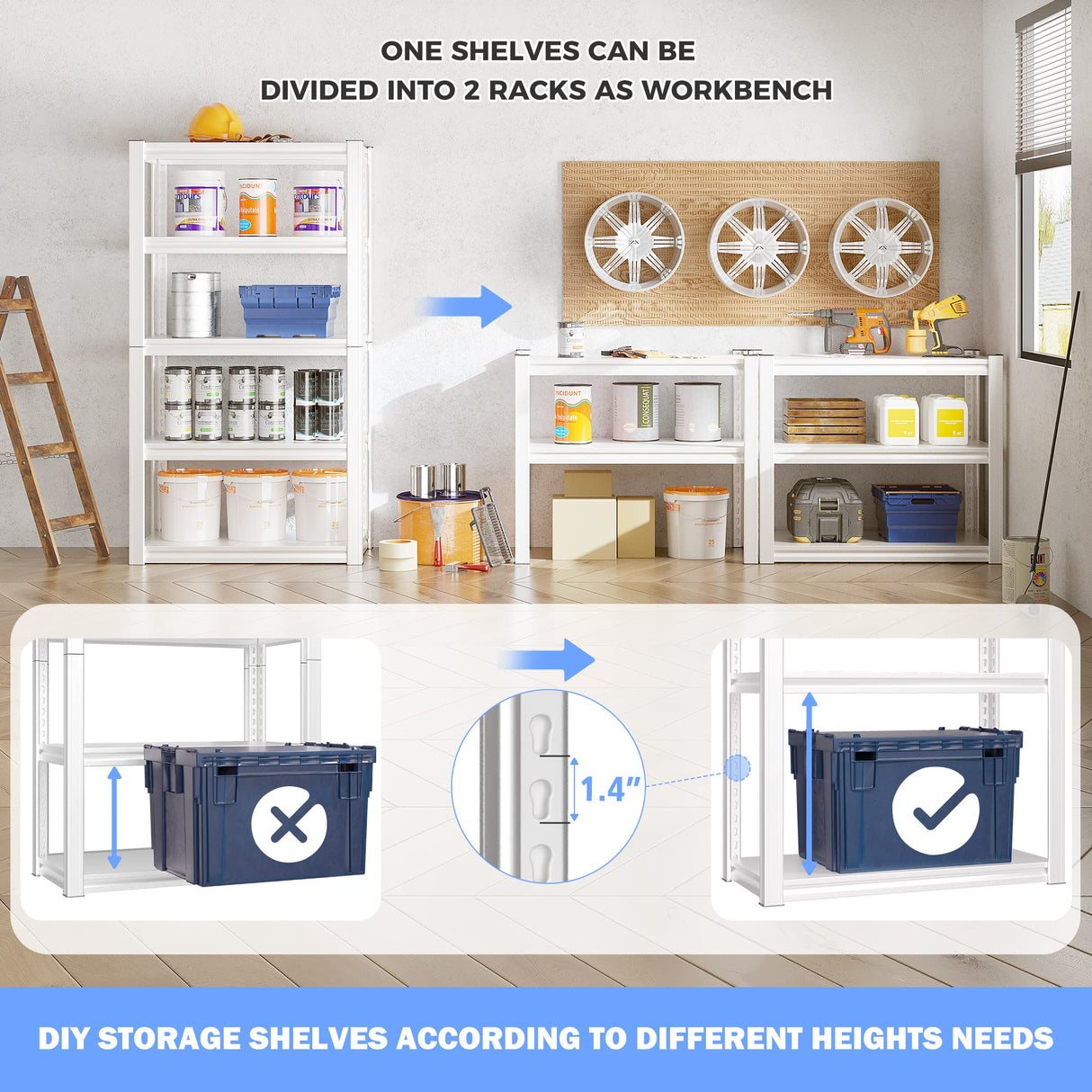 Raybee 72" Garage Shelving Heavy Duty Garage Storage Shelves 2000LBS Heavy Duty Shelving Unit Adjustable 5-Tier Metal Shelf White Commercial Storage Racks for Warehouse Pantry 72"x31.7''x16.3'' 4 Pack Raybee