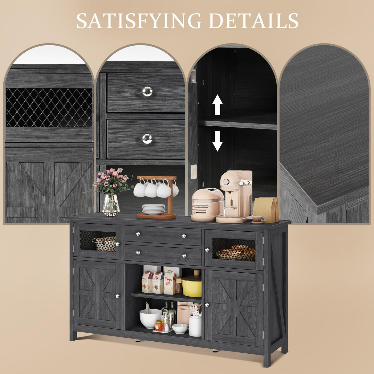 YITAHOME Farmhouse TV Stand for TVs up to 65", Entertainment Center with 2 Large Drawers & Visual Grid Door, 59" Rustic TV Media Console for Living Room, Dark Grey YITAHOME