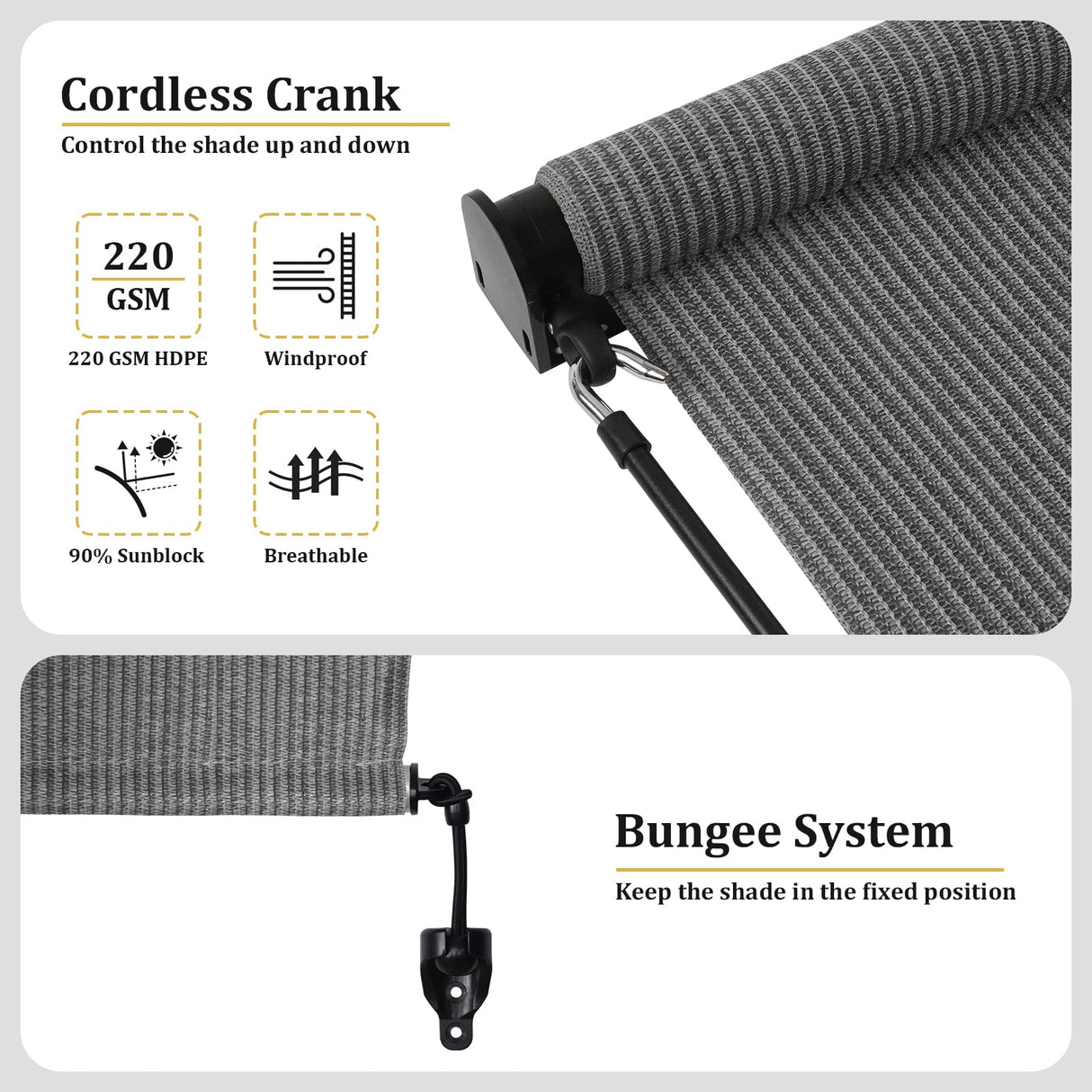 Shade&Beyond Outdoor Roller Shades with Splicing Design, 8' W x 8' H Cordless Patio Roll Up Blinds, Exterior Shade Cloth Roll for Porch, Gazebo, Pergola, Balcony, Gray Shade&Beyond