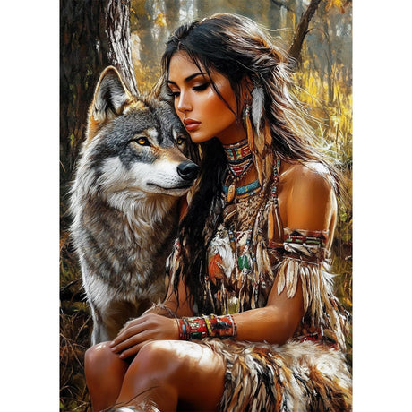 CEOVR American Native Indian Woman Diamond Art Kits for Adults, Wolf Diamond Painting Dots DIY DIY Gem Art, Adult Crafts Kits Wall Decor for Home Office 12x16in CEOVR