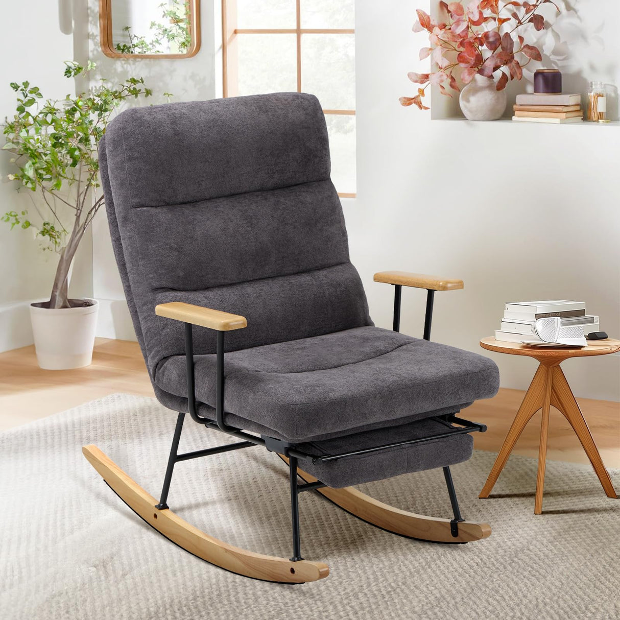 Rocking Chair with Footrest-Glider Rocking Chair with Retractable Footrest and Adjustable Backrest, Teddy Upholstered Accent Chair, Reading Chair Rocking Accent Chairs Glider Recliner for Living Room COLAMY