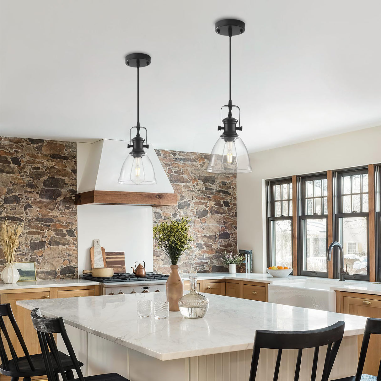 LWWHQ Black Pendant Lights Kitchen Island 2 Pack, Farmhouse Pendant Light, Industrial Clear Glass Pendant Light, 6.5 inches Kitchen Pendant Lighting Over Island Sink Dining Room LWWHQ