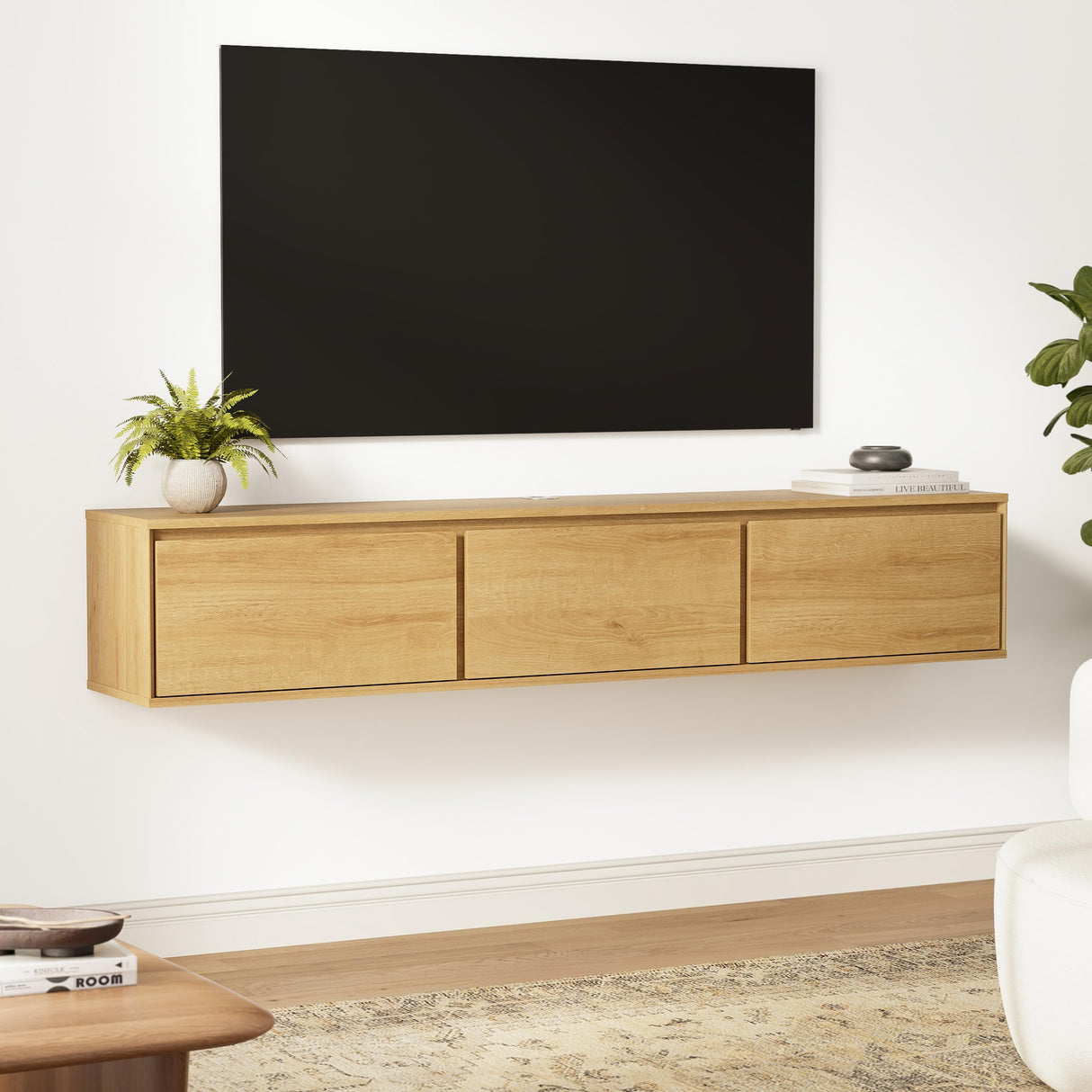 EYYTHUNG Floating TV Stand, 65" Farmhouse Wall Mounted Media Console with Storage, Cable Management, Modern Entertainment Center for 75 Inch TV, Living Room and Bedroom, Natural Oak EYYTHUNG